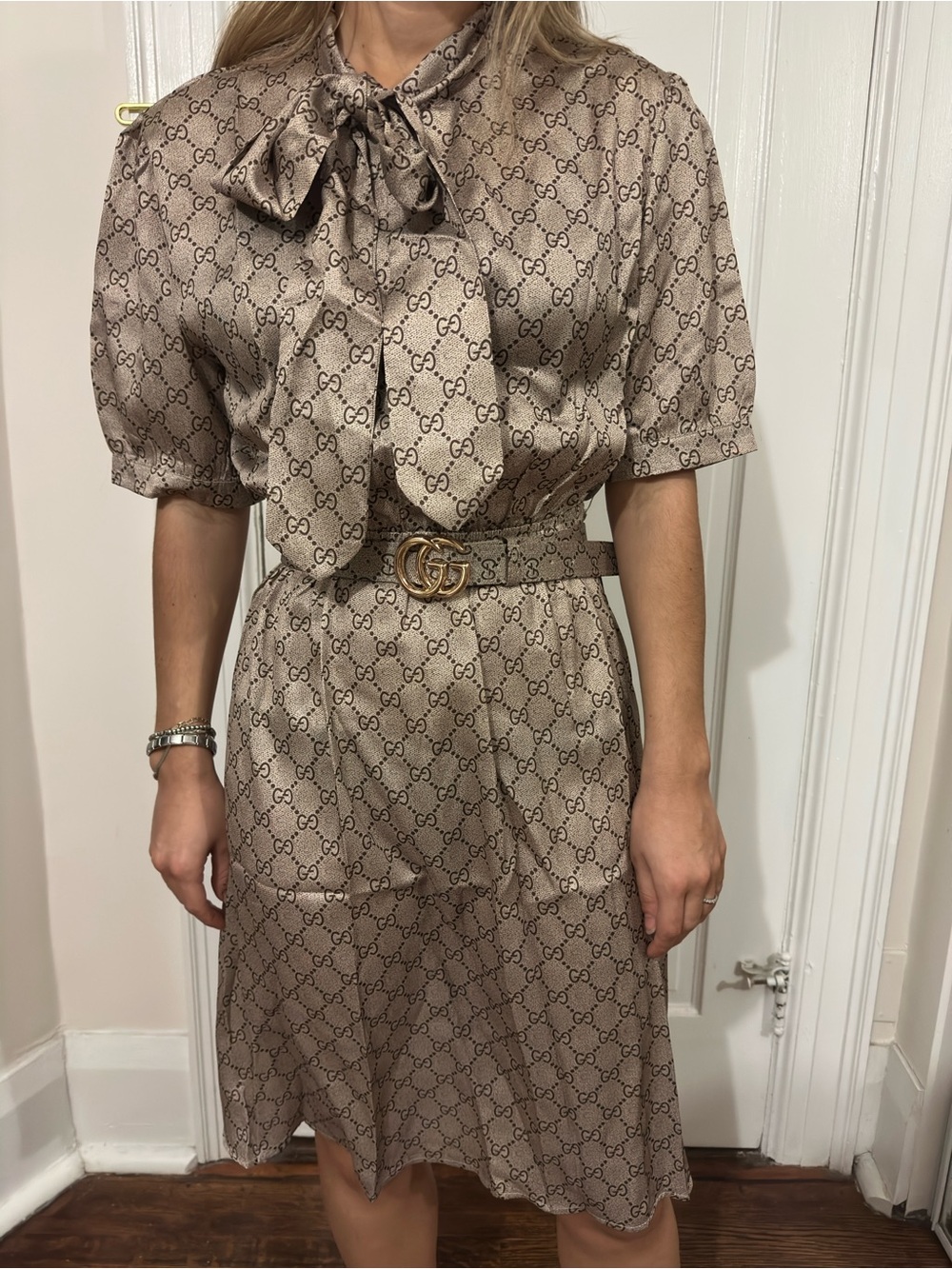 Gucci Beige and Brown GG Monogram Bow-Neck Dress with Gold Belt - Size S